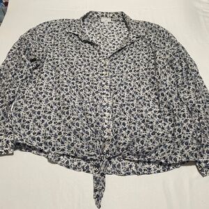 J.Jill Floral Print Tie-Front Blouse - Cotton & Silk Blend - Blue/White - Size X